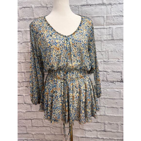 Dex Tops - Dex Sz X (XL) Paisley Blue Floral Deep V Neck Elastic Waist Boho Top NWT!